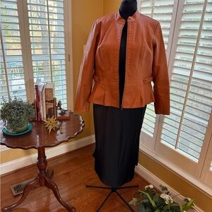 Women's 1X Baccini cognac-colored leatherette peplum jacket.
